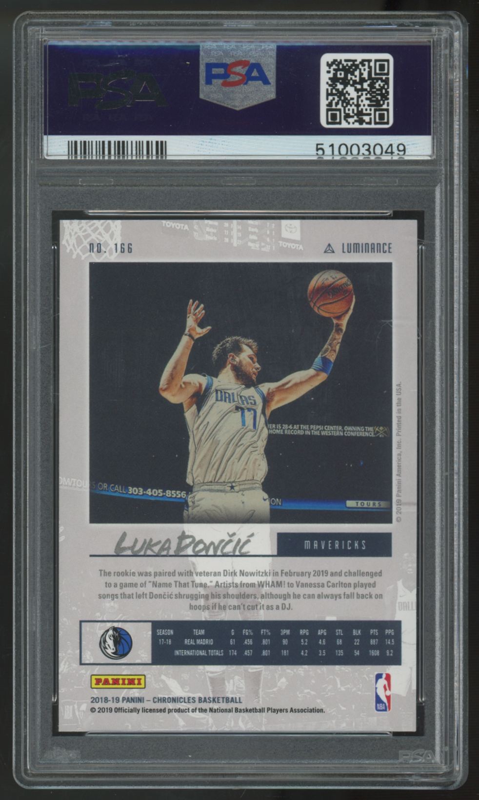 2018-19 Panini Chronicles Luka Doncic RC #166 PSA 9 *049