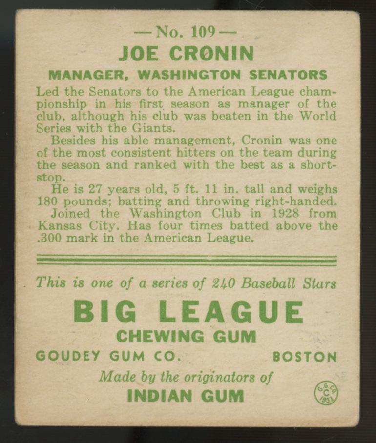 1933 Goudey Joe Cronin #109 VG/EX
