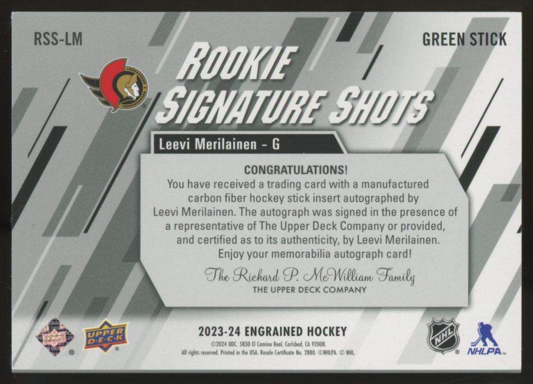 2023/24 UD Engrained Leevi Marilainen RC Signature Shots Stick Auto /75 #RSS-LM