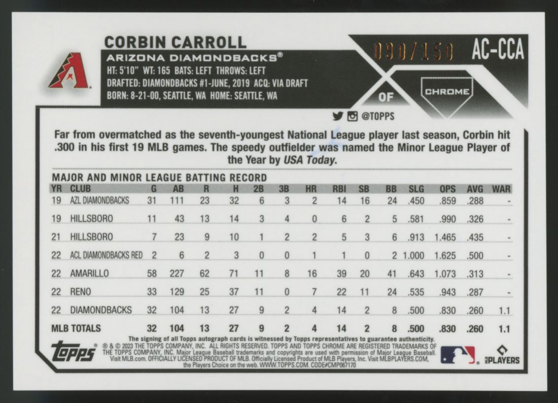 2023 Topps Chrome Update Corbin Carroll RC Blue Refractor Auto /150 #AC-CCA