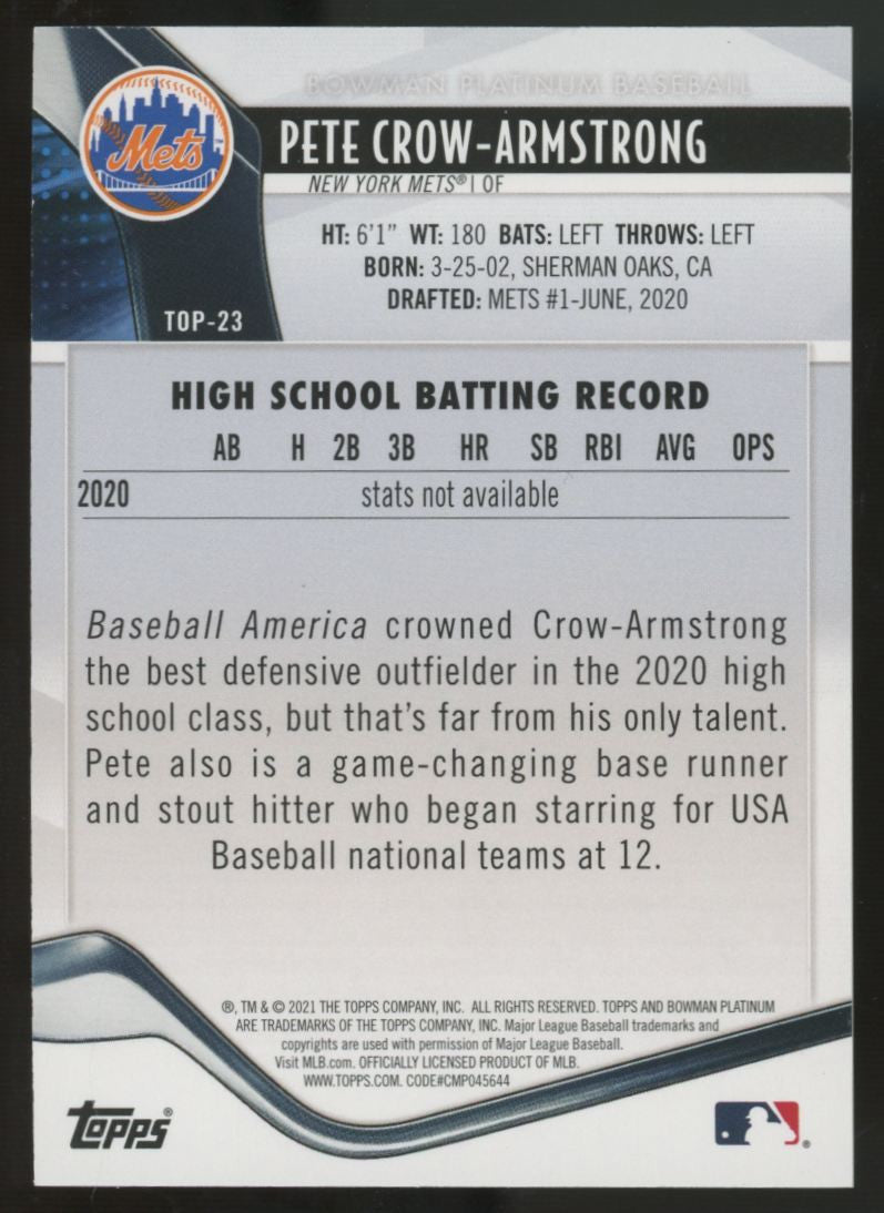 2021 Bowman Platinum Pete Crow-Armstrong RC Top Prospect Aqua Ice Foilboard /250