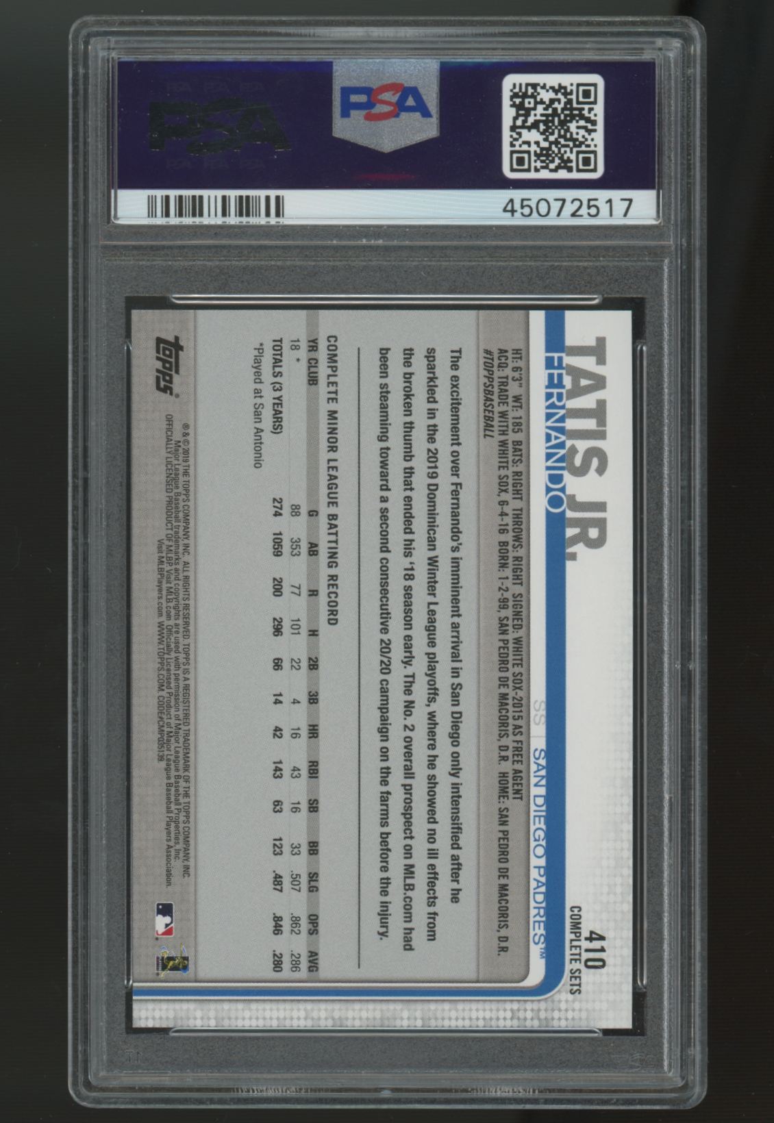 2019 Topps Complete Set Fernando Tatis Jr. RC #410 White Jersey PSA 10 *517