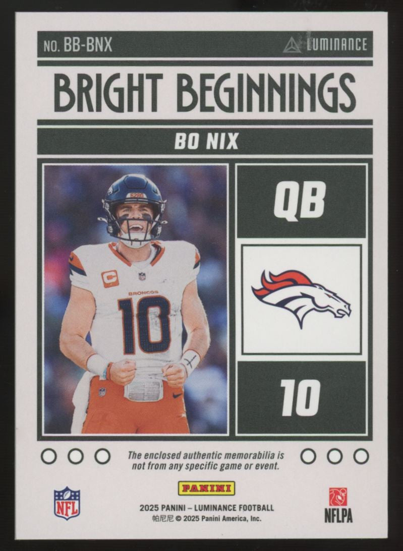 2025 Panini Luminance Bo Nix Gold Bright Beginnings Patch /50 #BB-BNX