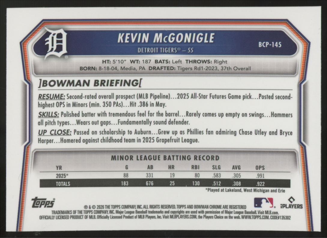 2026 Bowman Chrome Kevin McGonigle Purple Wave /250 #BCP-145