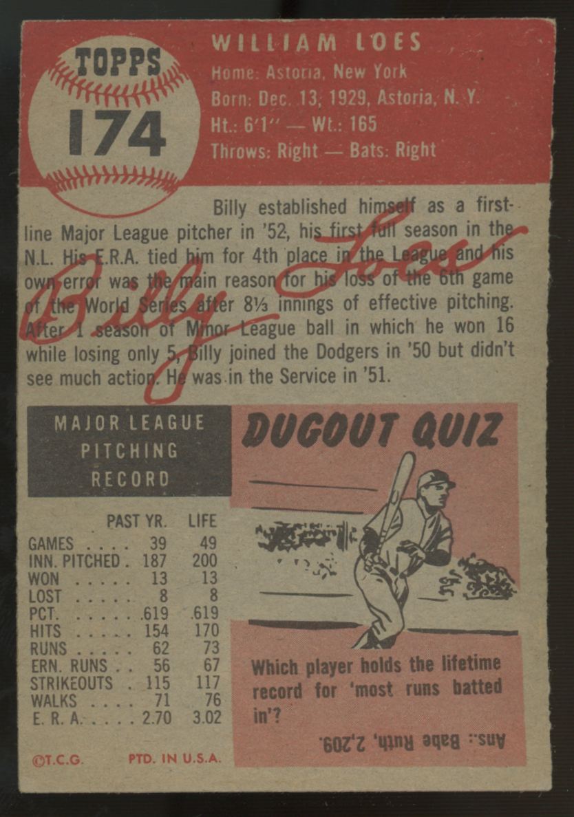 1953 Topps Billy Loes #174 EX