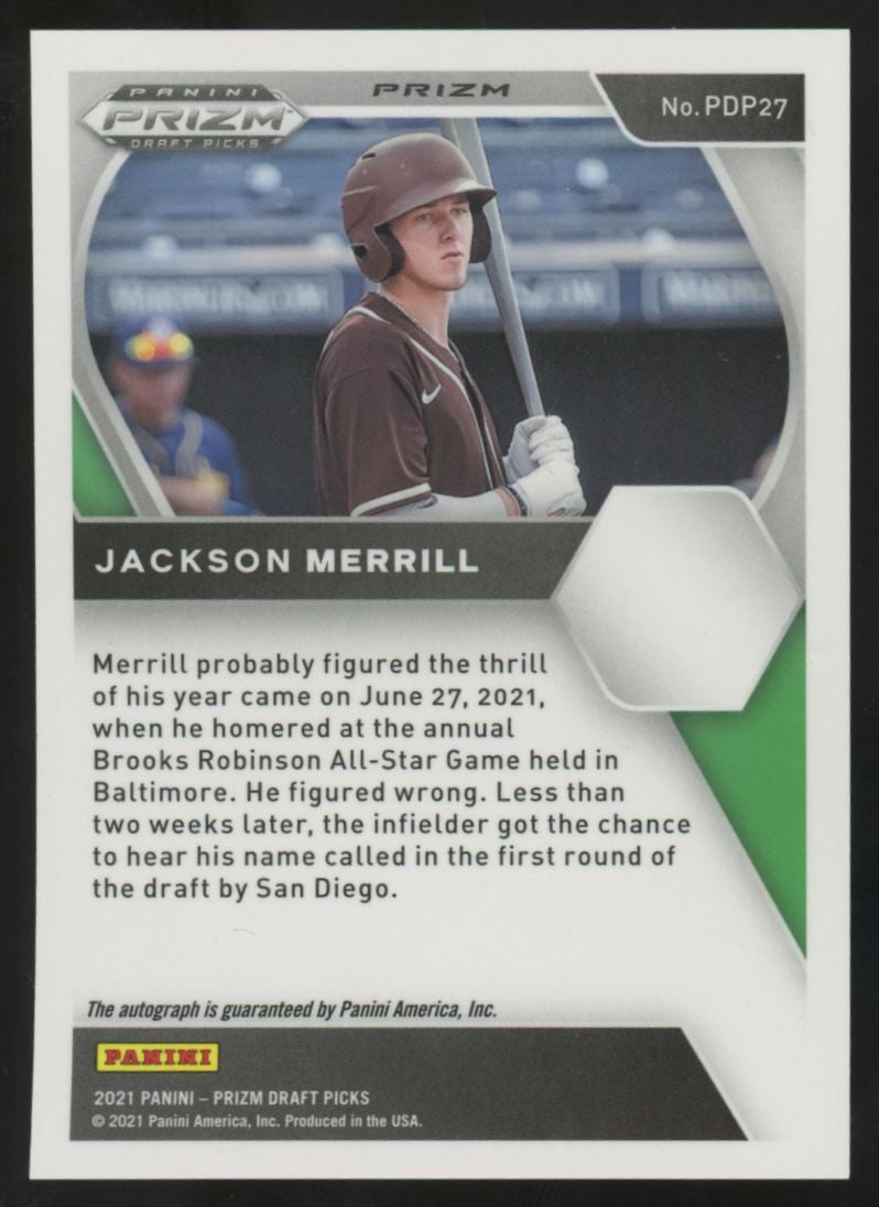 2021 Panini Prizm Draft Jackson Merrill Green & Yellow Hyper Auto #PDP27