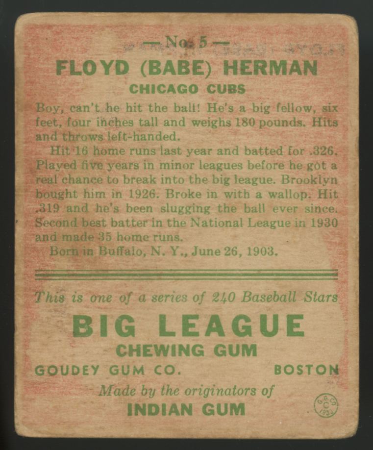 1933 Goudey Floyd "Babe" Herman #5 Poor
