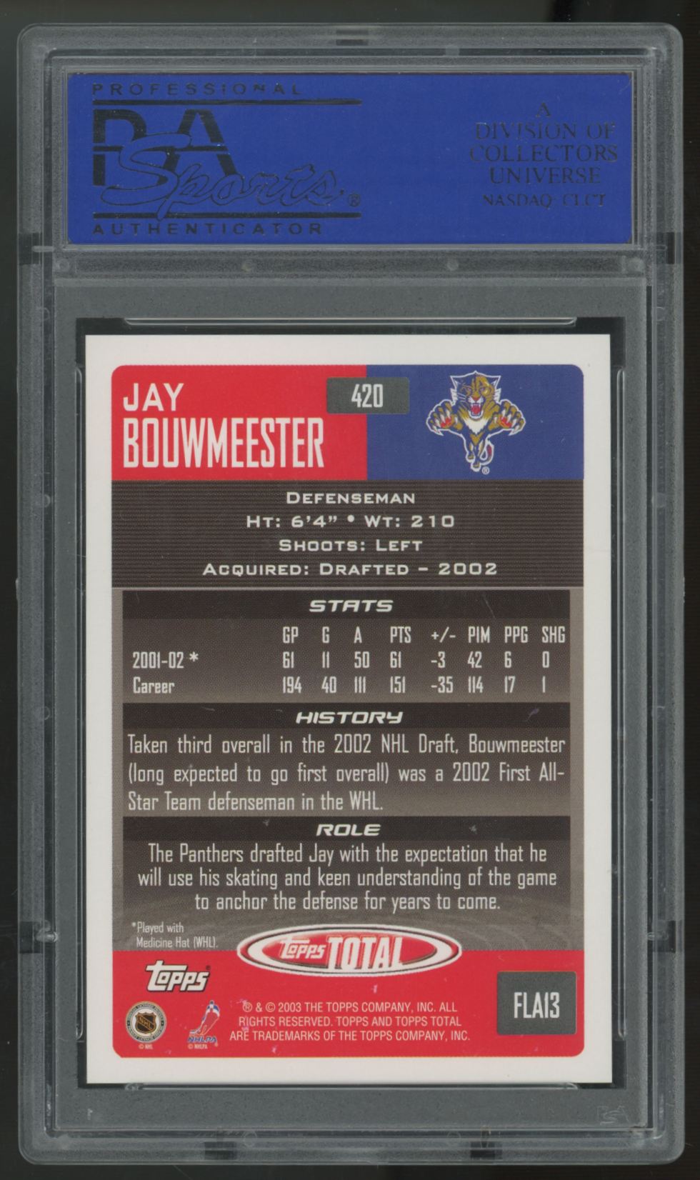 2002-03 Topps Total Jay Bouwneester RC #420 PSA 10