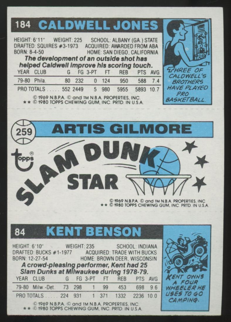 1980-81 Topps Caldwell Jones/Artis Gilmore/Kent Benson Blank Front #184 #259 #84