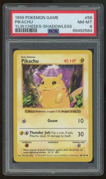1999 Pokemon Pikachu Yellow Cheeks Base Set Shadowless Unlimited #58 PSA 8