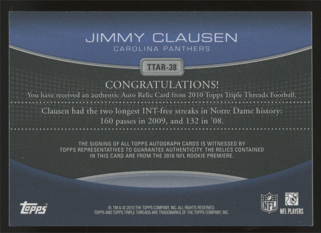 2010 Triple Threads Jimmy Clausen RC Patch Auto RPA Blue /18 #TTAR-38