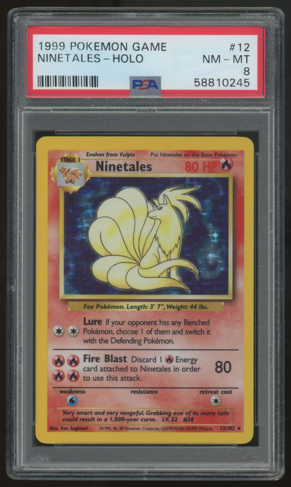 1999 Pokemon Ninetales Base Set Unlimited Holo #12 PSA 8