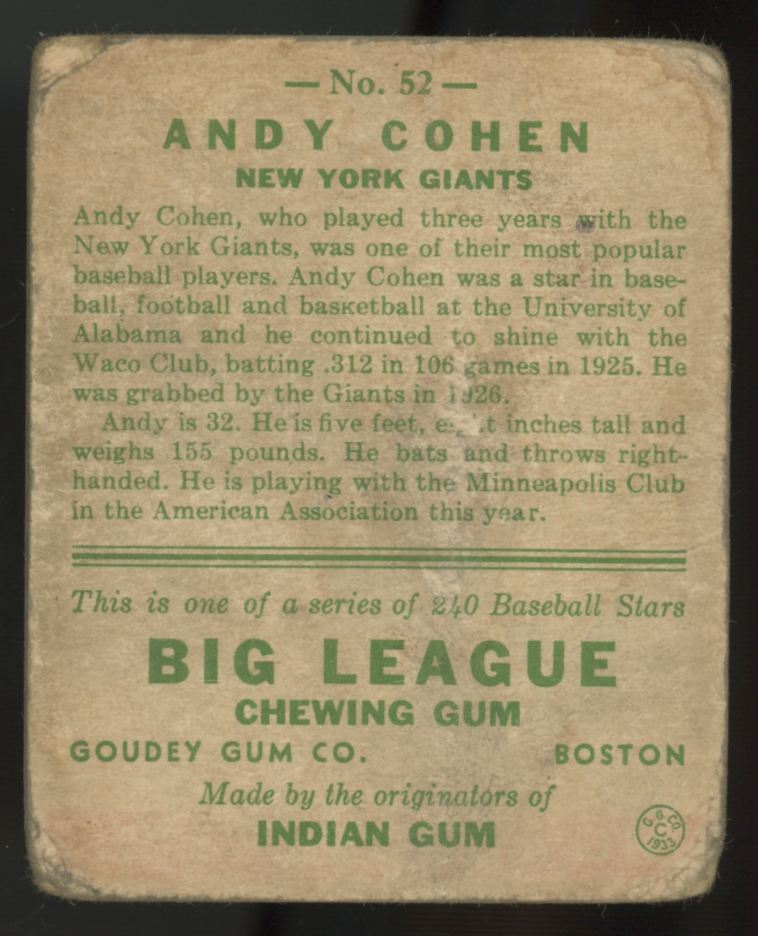 1933 Goudey Andy Cohen #52 Poor