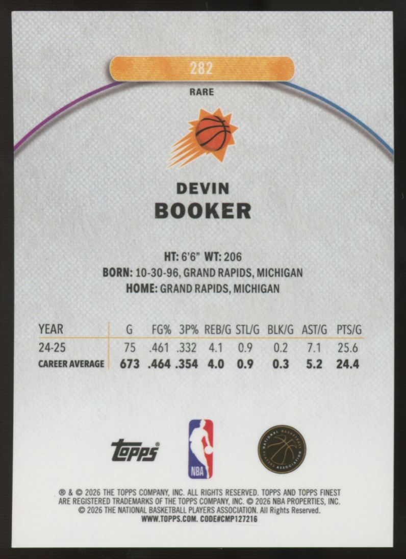 2025-26 Topps Finest Devin Booker Rare Gold Refractor /20 #282
