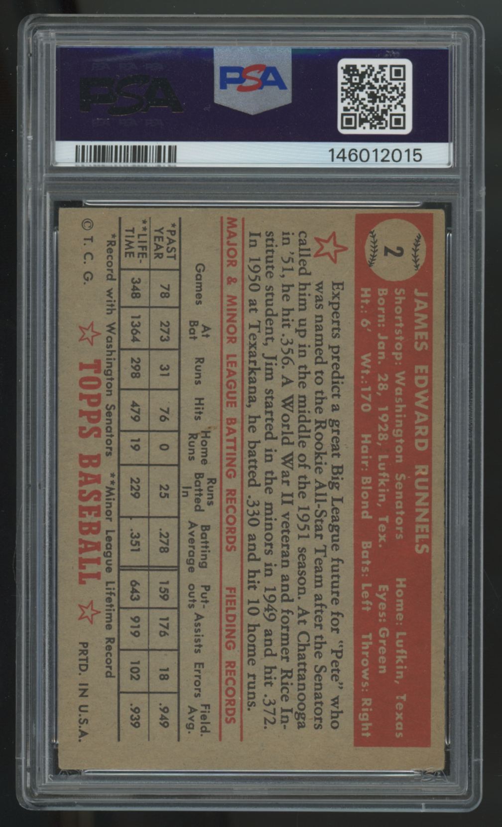 1952 Topps James E. Runnels #2 PSA 5