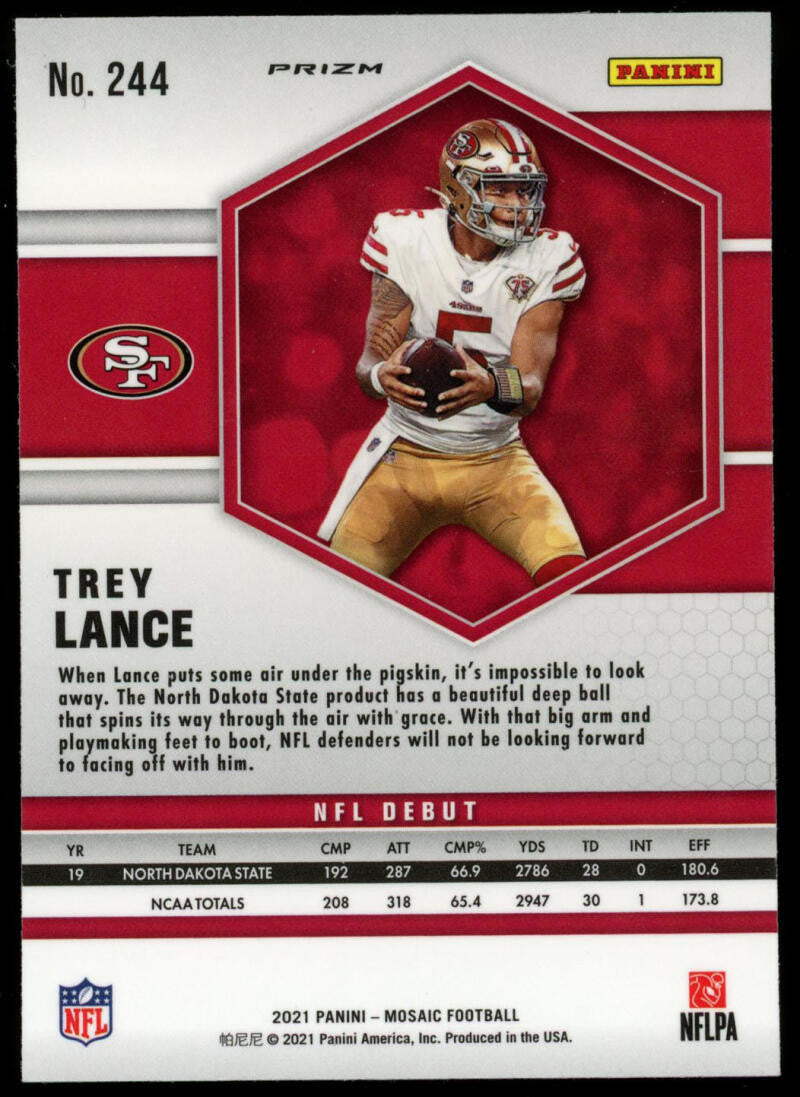 2021 Panini Mosaic Trey Lance NFL Debut Reactive Blue Prizm RC #244