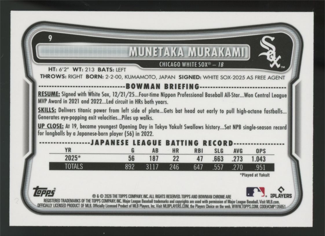 2026 Bowman Chrome Mega Munetaka Murakami RC Burgundy /275 #9