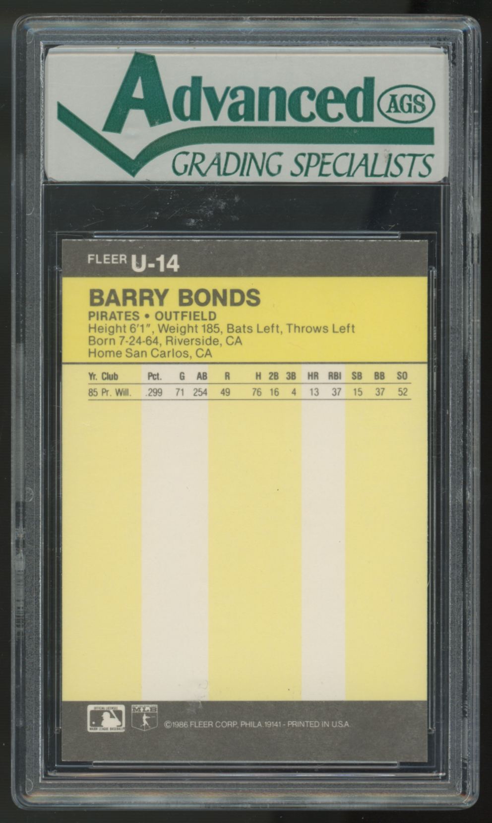 1986 Fleer Update Barry Bonds RC #U-14 AGS 9 *806