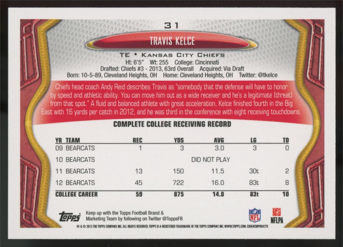 2013 Topps Travis Kelce RC #31 "A"