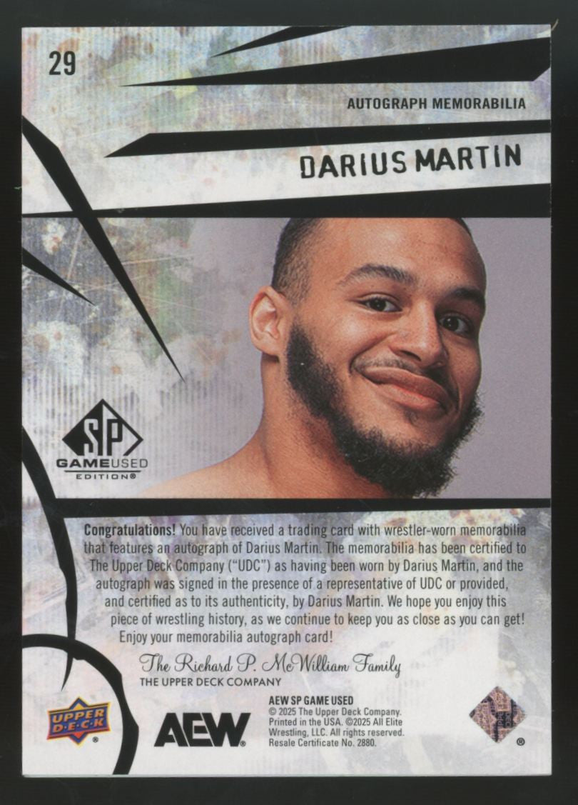 2025 Upper Deck AEW SP Game Used Darius Martin Red Patch Auto /35 #29