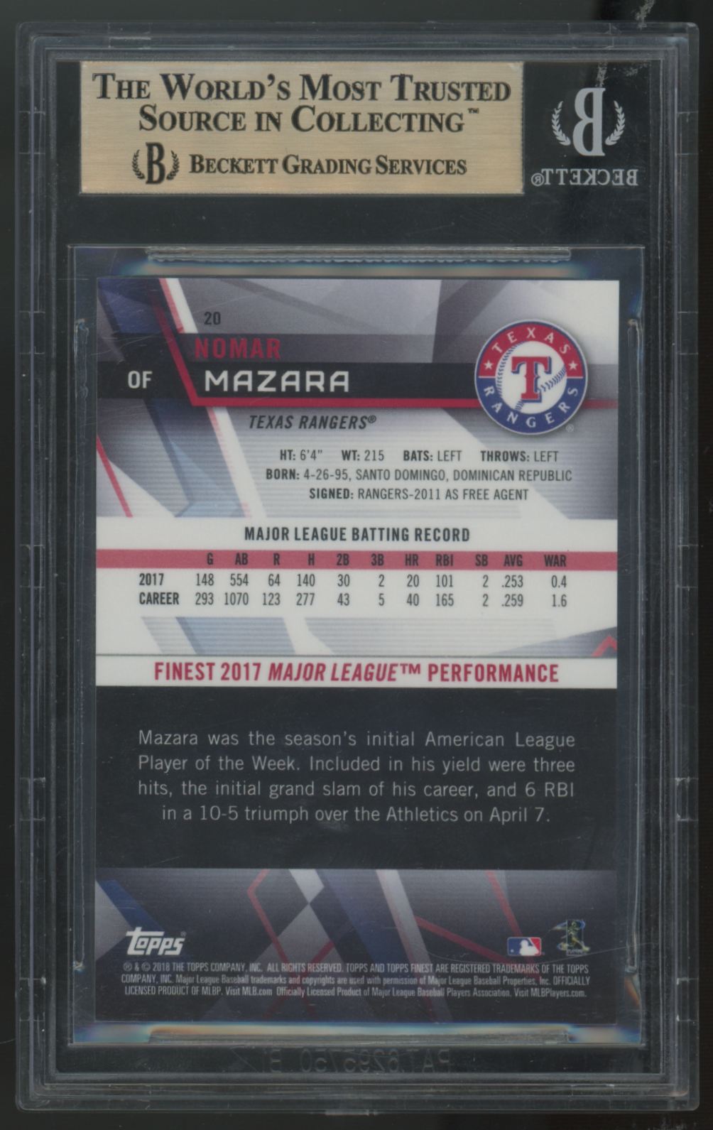 2018 Topps Finest Nomar Mazara Red Refractor /5 #20 BGS 9.5