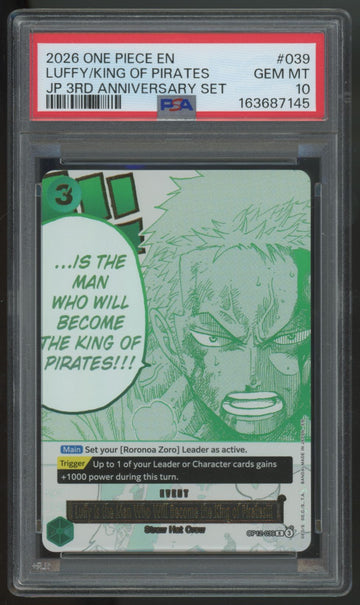 2026 One Piece Luffy King of Pirates Zoro JP 3rd Anniversary Set #39 PSA 10