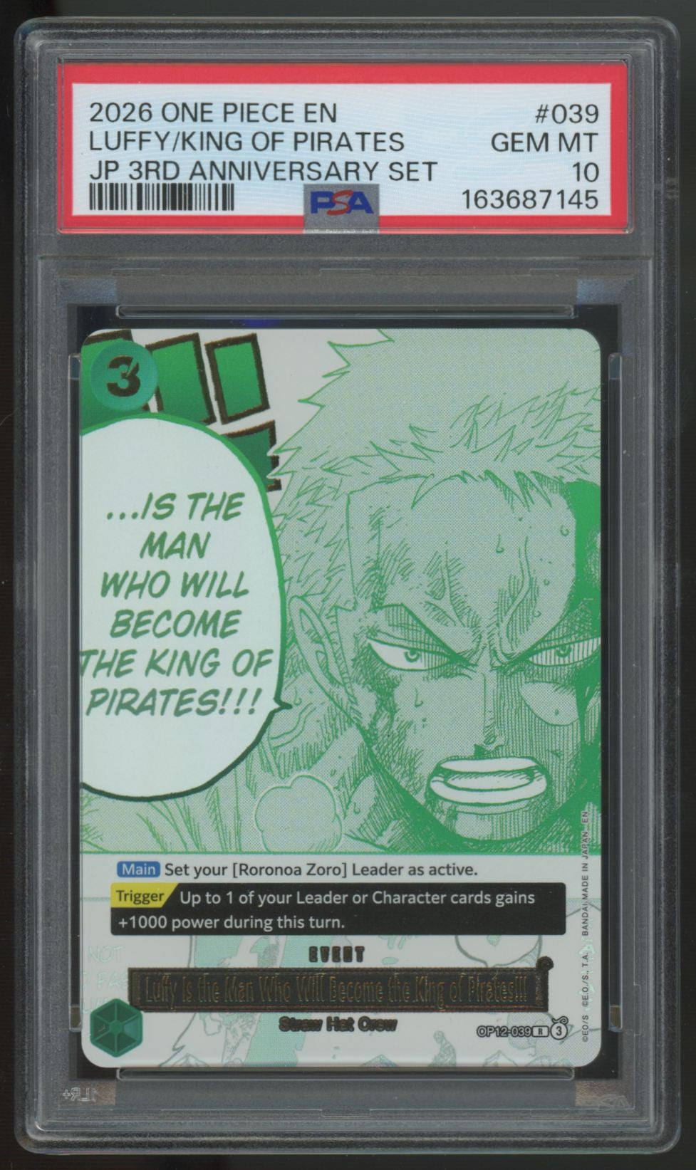 2026 One Piece Luffy King of Pirates Zoro JP 3rd Anniversary Set #39 PSA 10