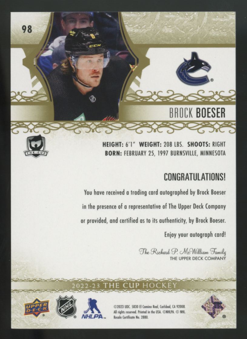2022-23 Upper Deck The Cup Brock Boeser Gold Auto /12 #98