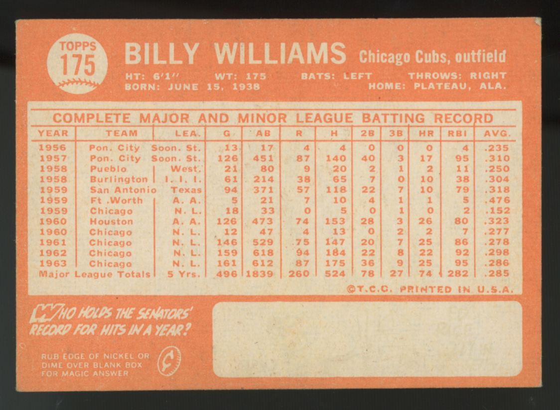 1964 Topps Billy Williams #175 VG/EX-EX