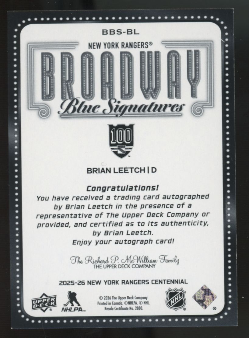 2025-26 New York Rangers Centennial Brian Leetch Broadway Blue Auto #BBS-BL
