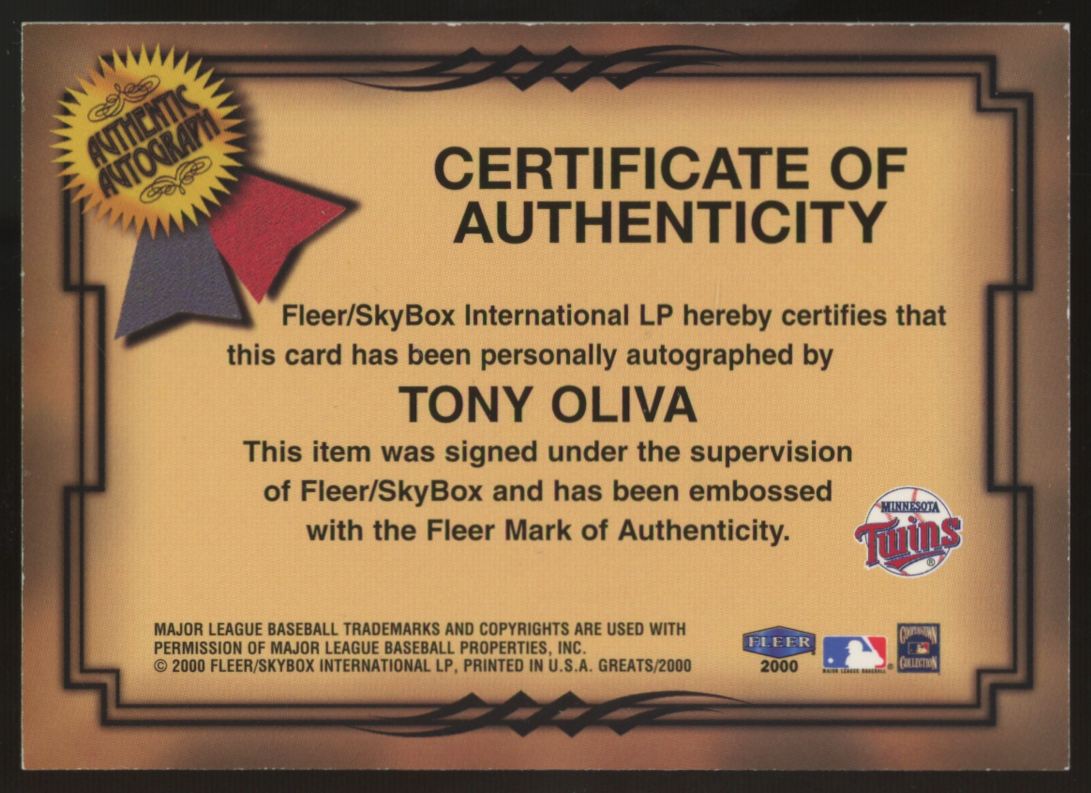 2000 Fleer Greats Of The Game Tony Oliva Auto