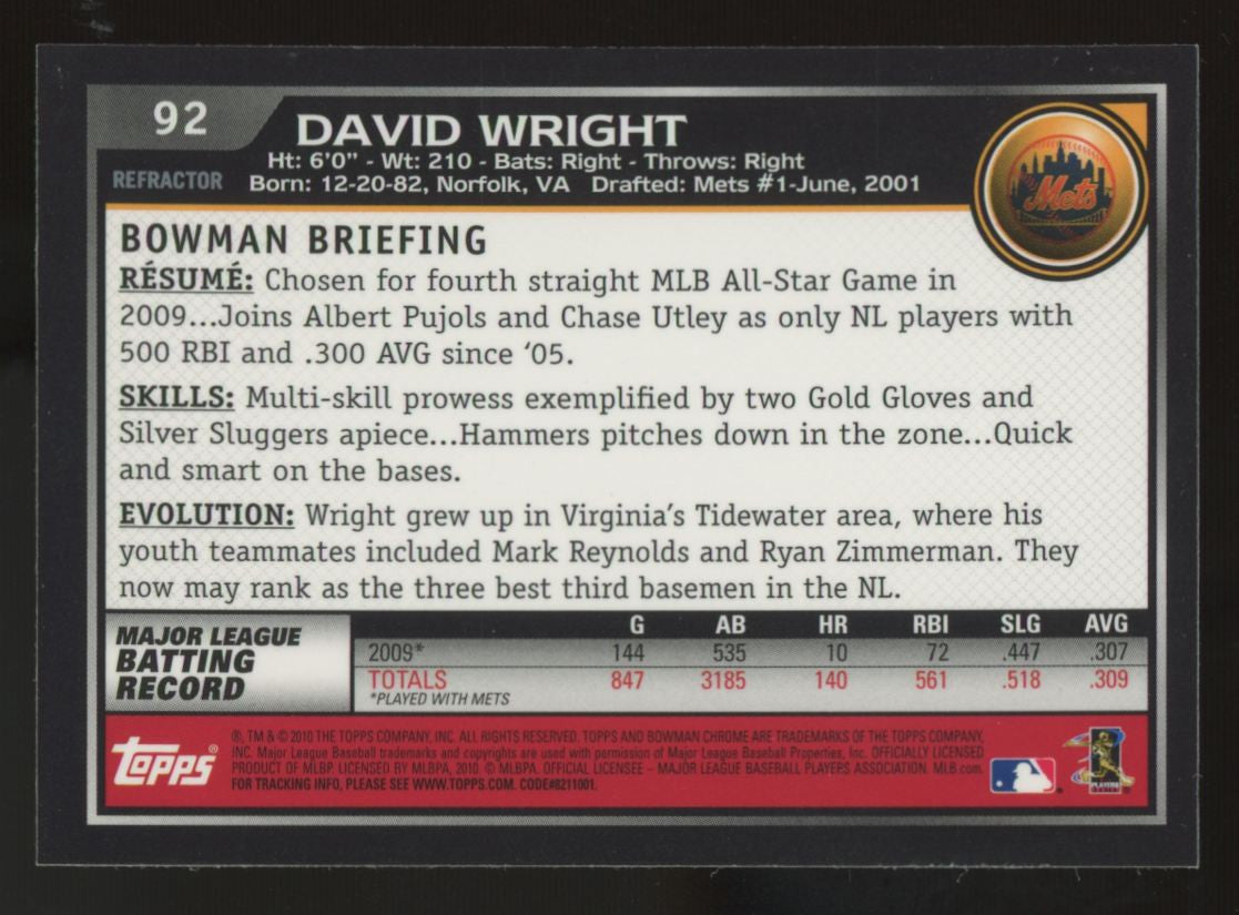 2010 Bowman Chrome David Wright Refractor #92