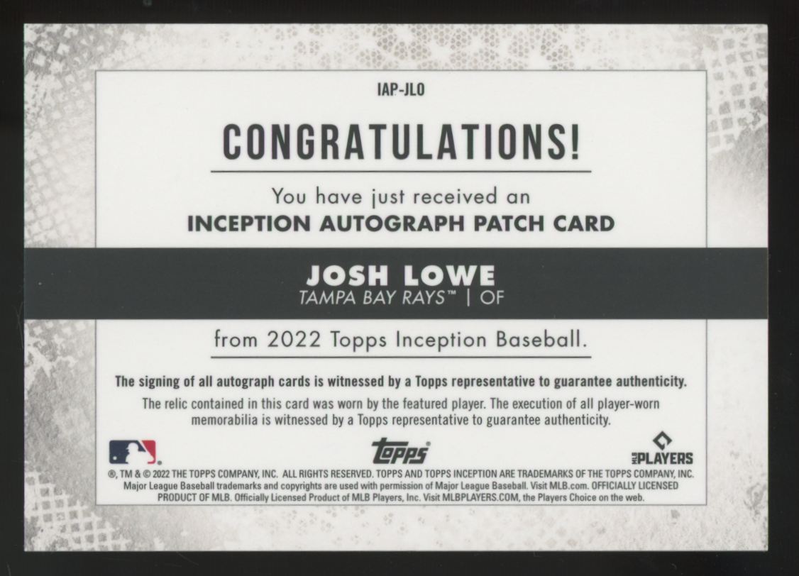 2022 Topps Inception Josh Lowe RC Patch Auto Red RPA /25 #IAP-JLO