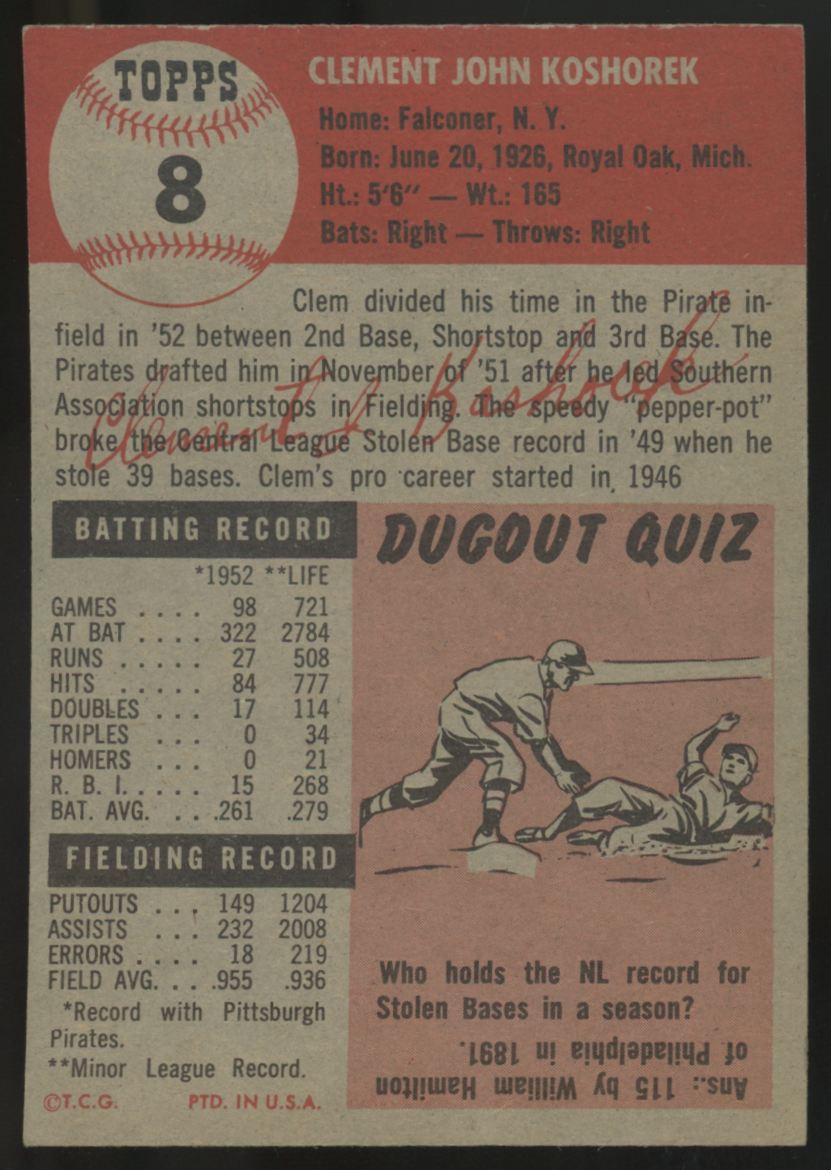 1953 Topps Clem Koshorek #8 VG (Scratch)