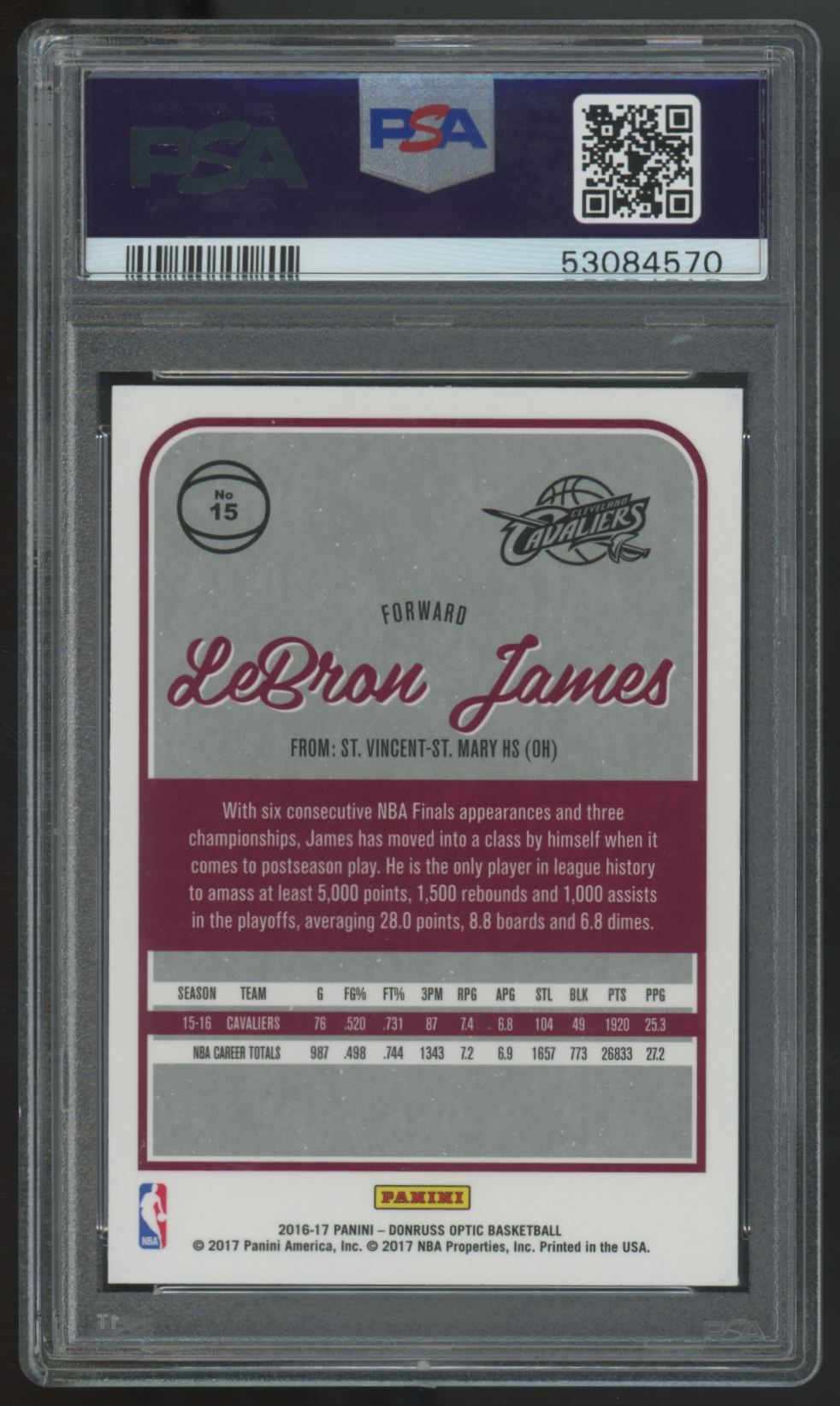 2016-17 Panini Donruss Optic LeBron James #15 PSA 10