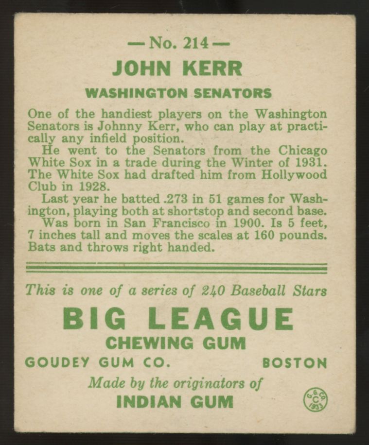 1933 Goudey John Kerr #214 VG