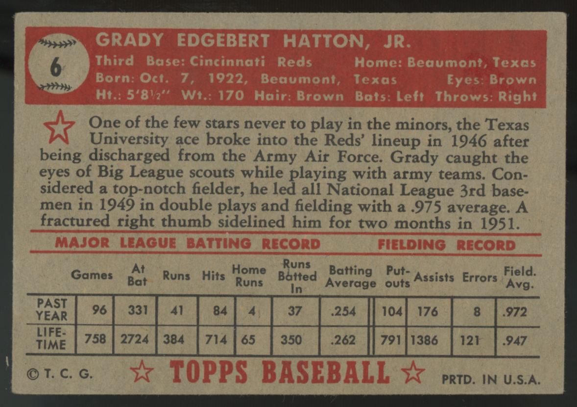 1952 Topps Grady Hatton #6 Good