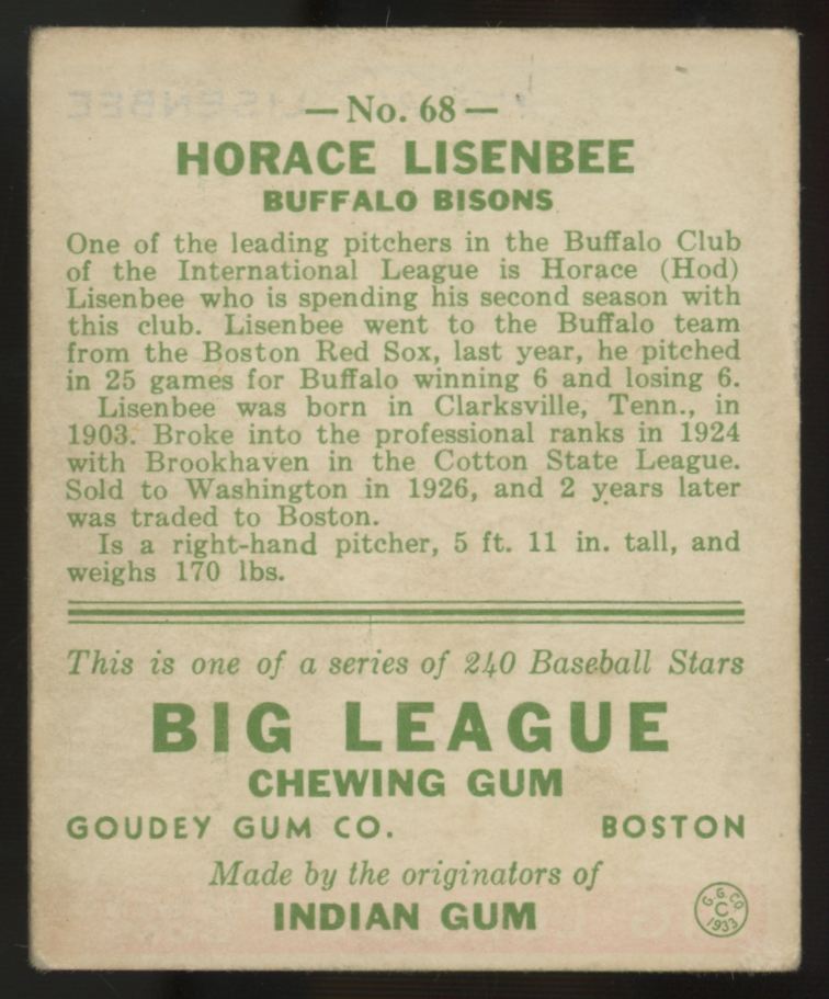 1933 Goudey Horace Lisenbee #68 VG/EX
