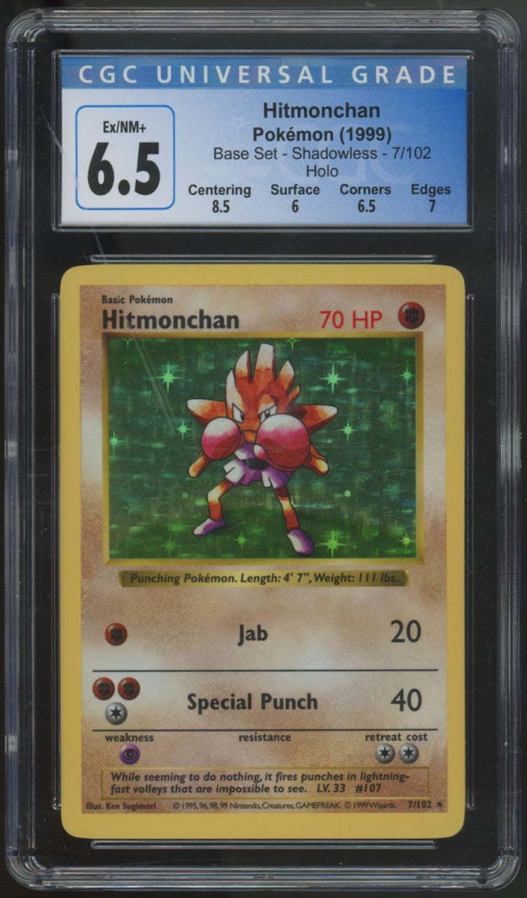1999 Pokemon Hitmonchan Base Set Unlimited Shadowless Holo #7 CGC 6.5
