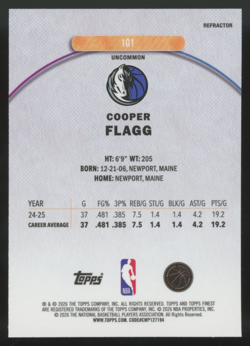 2025-26 Topps Finest Cooper Flagg RC Uncommon Refractor #101