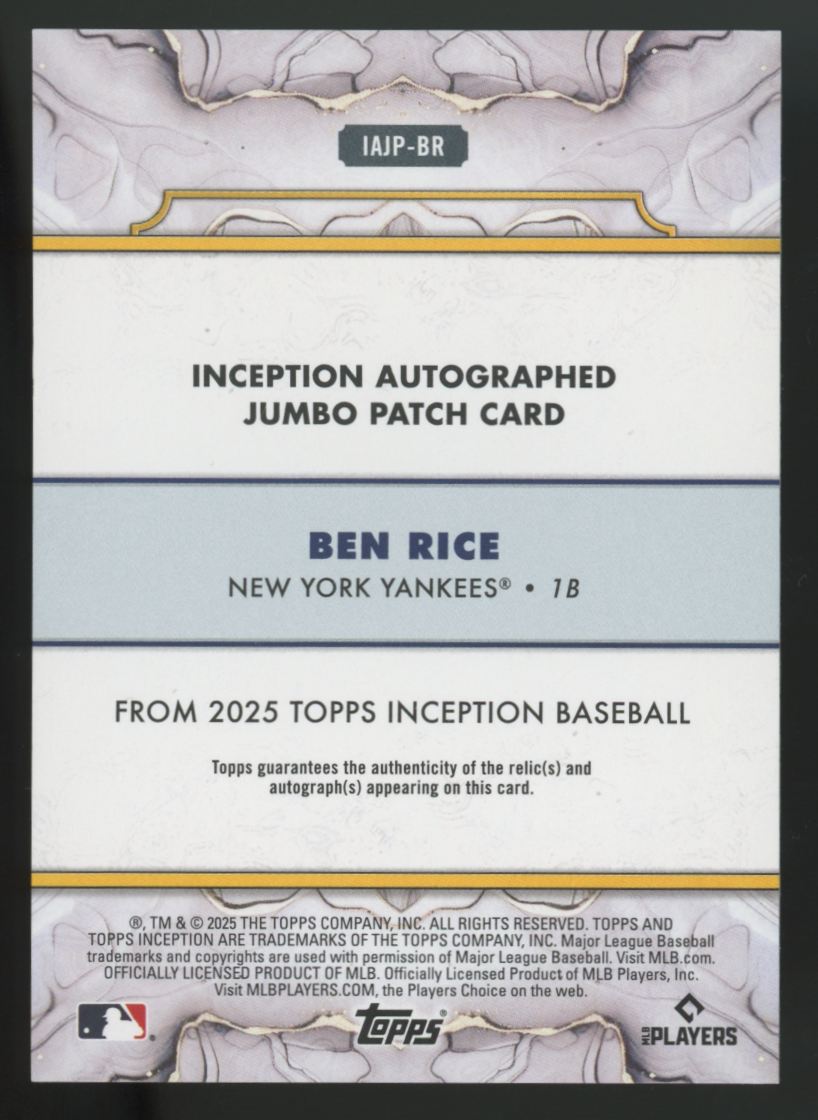 2025 Topps Inception Ben Rice RC Jumbo Patch Auto RPA /125 #IAJP-BR