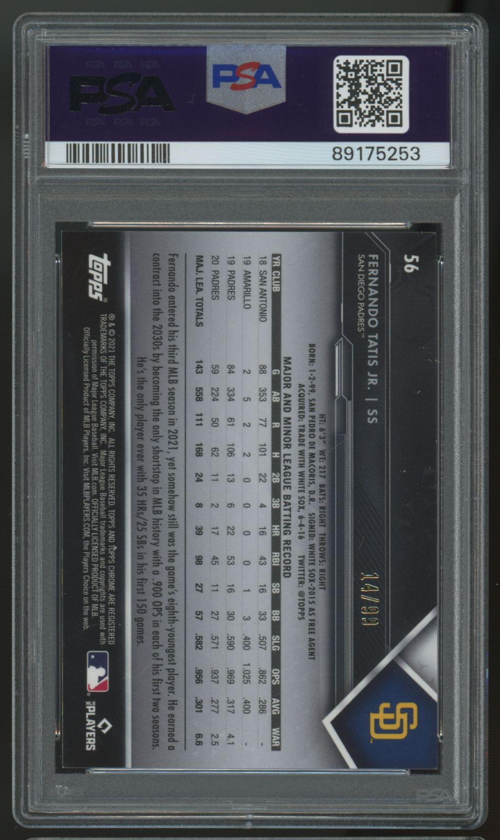 2021 Topps Chrome Black Fernando Tatis Jr. Green Atomic Refractor /99 #56 PSA 9