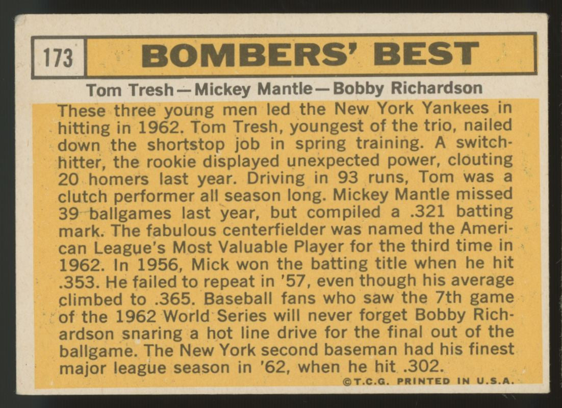 1963 Topps Baseball Bomber's Best Mantle Richardson Tresh #173 VG/EX