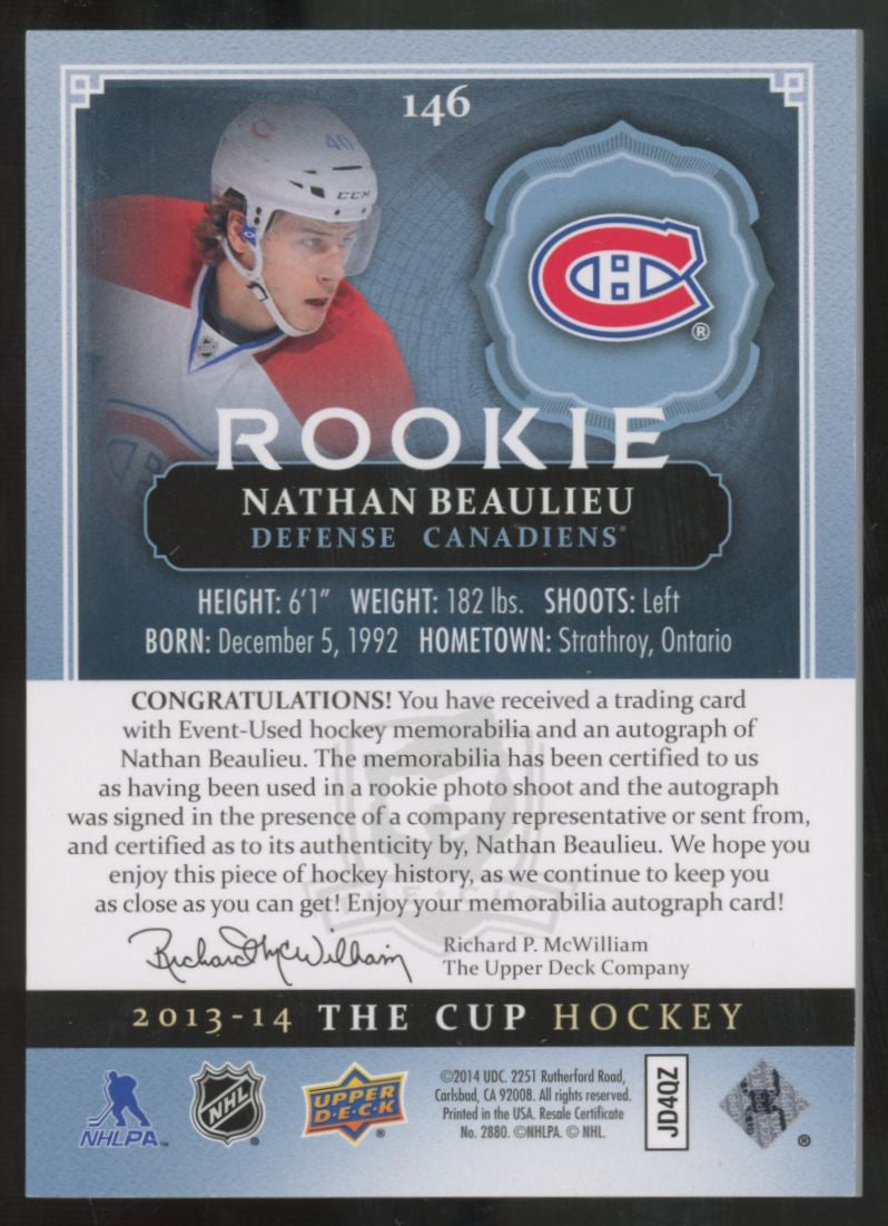 2013-14 Upper Deck The Cup Nathan Beaulieu RC Patch Auto RPA /249 #146