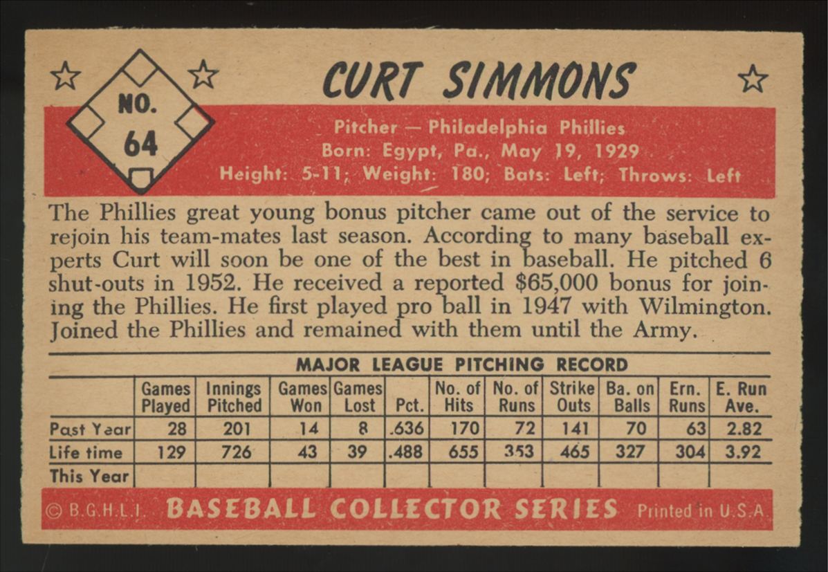 1953 Bowman Color Curt Simmons #64 NM