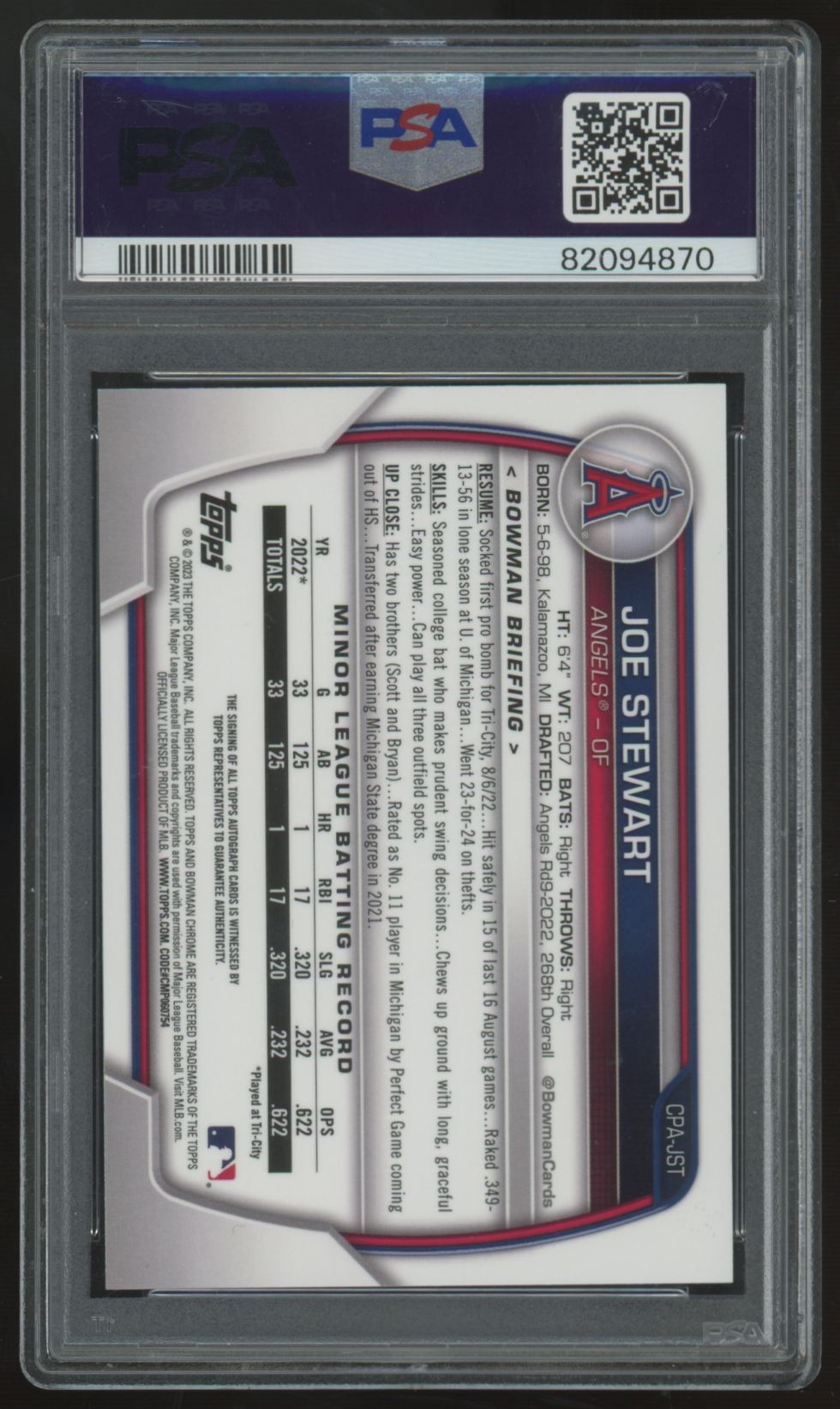 2023 Bowman Joe Stewart 1st Chrome Prospect Gold Shimmer Auto /50 PSA 10