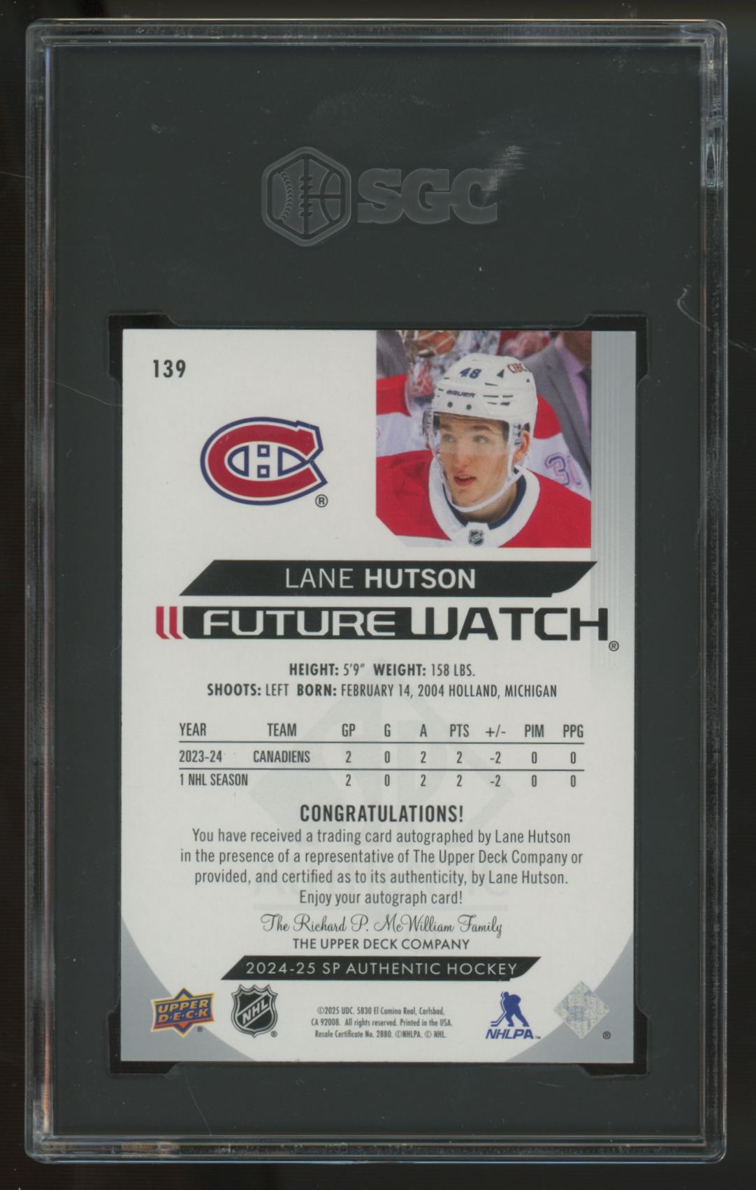 2024-25 UD SP Authentic Lane Hutson RC Future Watch Auto /199 #139 SGC 9.5 10
