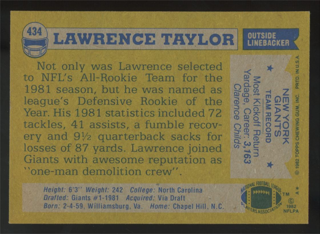 1982 Topps Lawrence Taylor RC #434 NM "C"