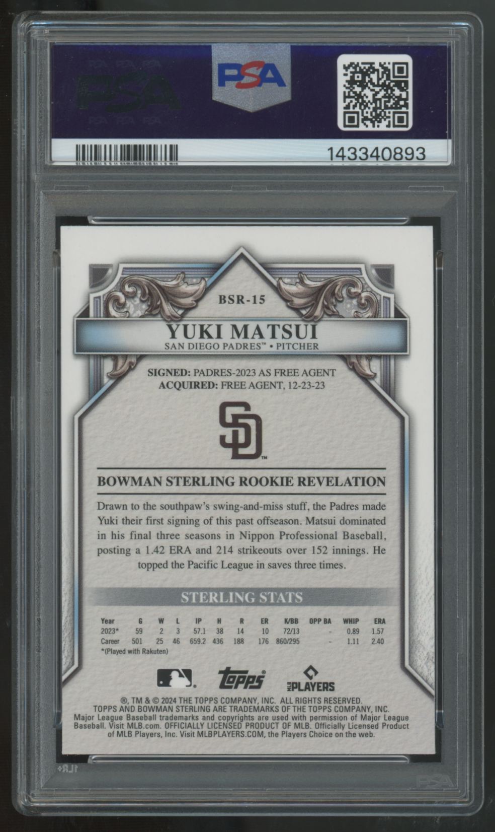 2024 Bowman Sterling Yuki Matsui RC Blue Scintillate /25 #BSR-15 PSA 9
