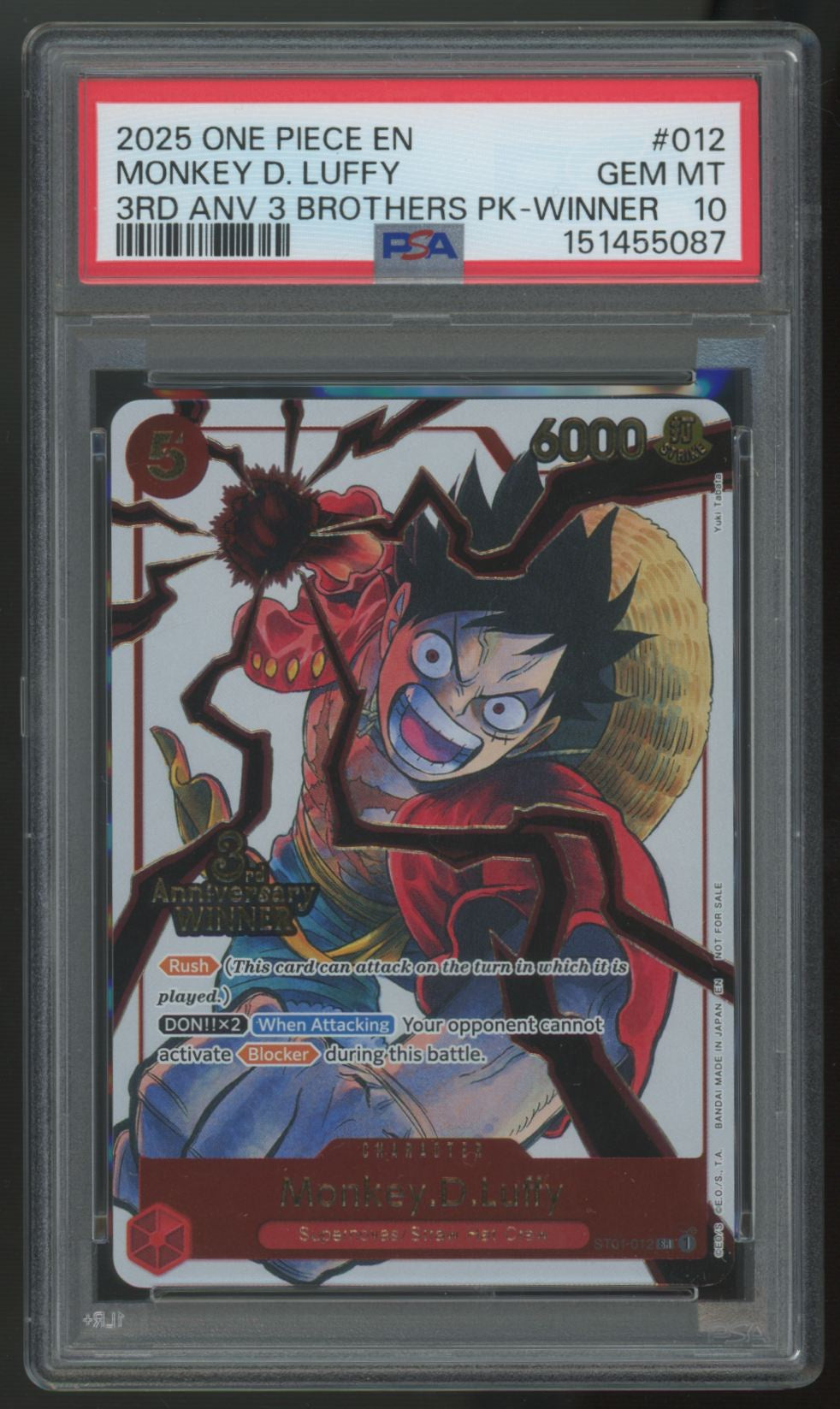 2025 One Piece Monkey D. Luffy 3rd Anniversary Winner Foil #012 PSA 10